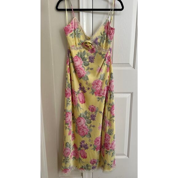 WAYF Floral Yellow Midi Slip Dress Large Pink Roses - Picture 2 of 7